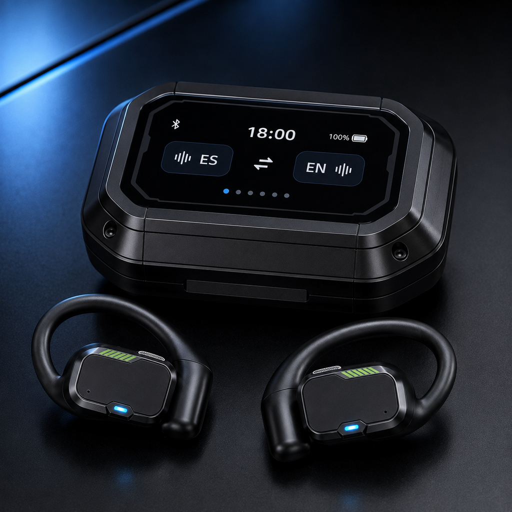 Auriculares Clarix Babel con traducción en tiempo real, pantalla mostrando selector de idioma español-inglés
