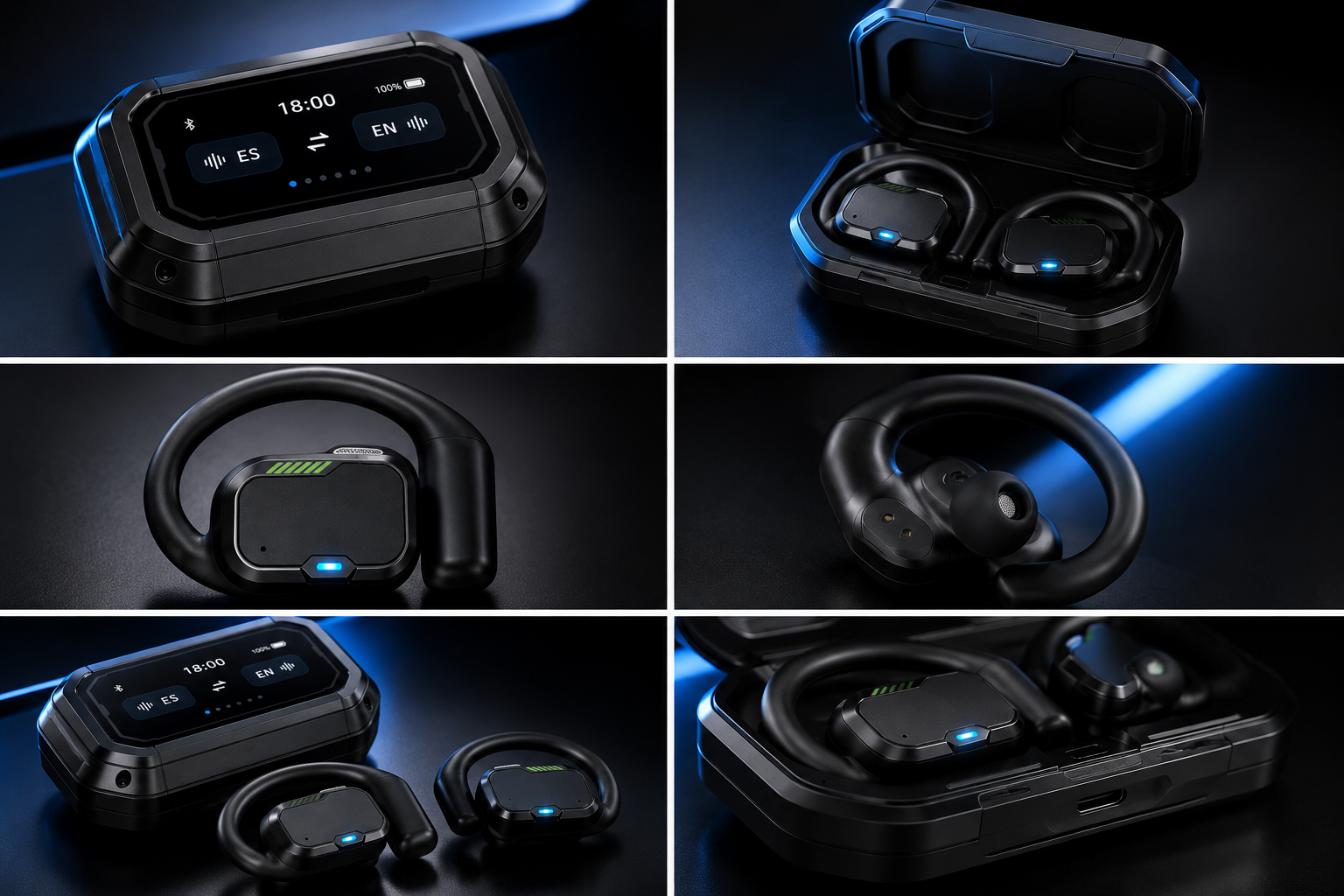 Auriculares Clarix Babel, detalle de estuche, sensores y ajuste al oído